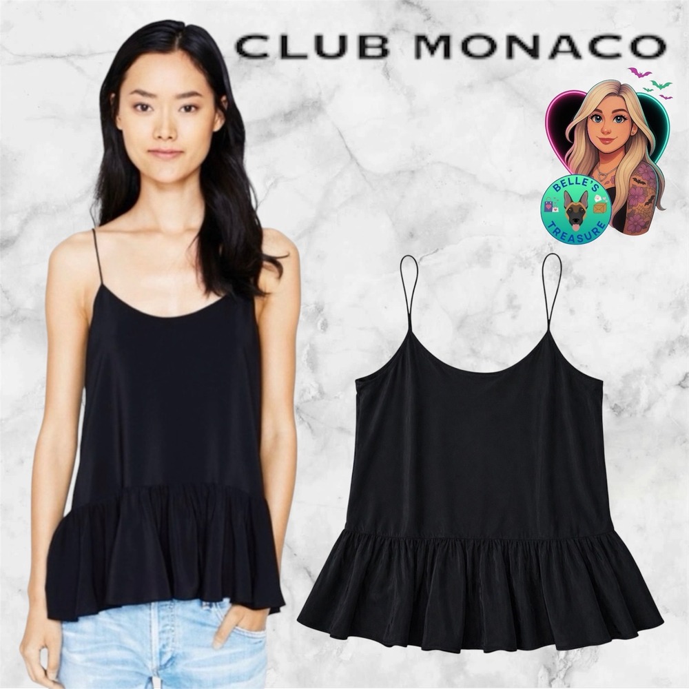 CLUB MONACO Women's XS Black 100% SILK Benecia Peplum Ruffle Cami Tank Feminine